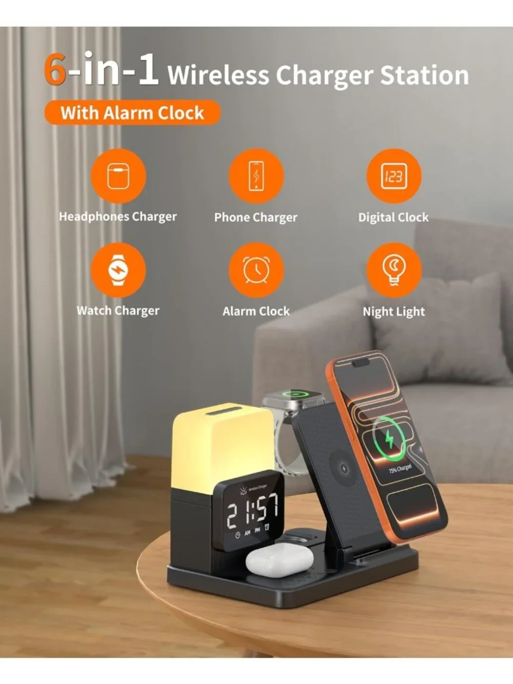 6-in-1 Wireless Charging Station for iPhone, Apple Watch, AirPods & Night Light